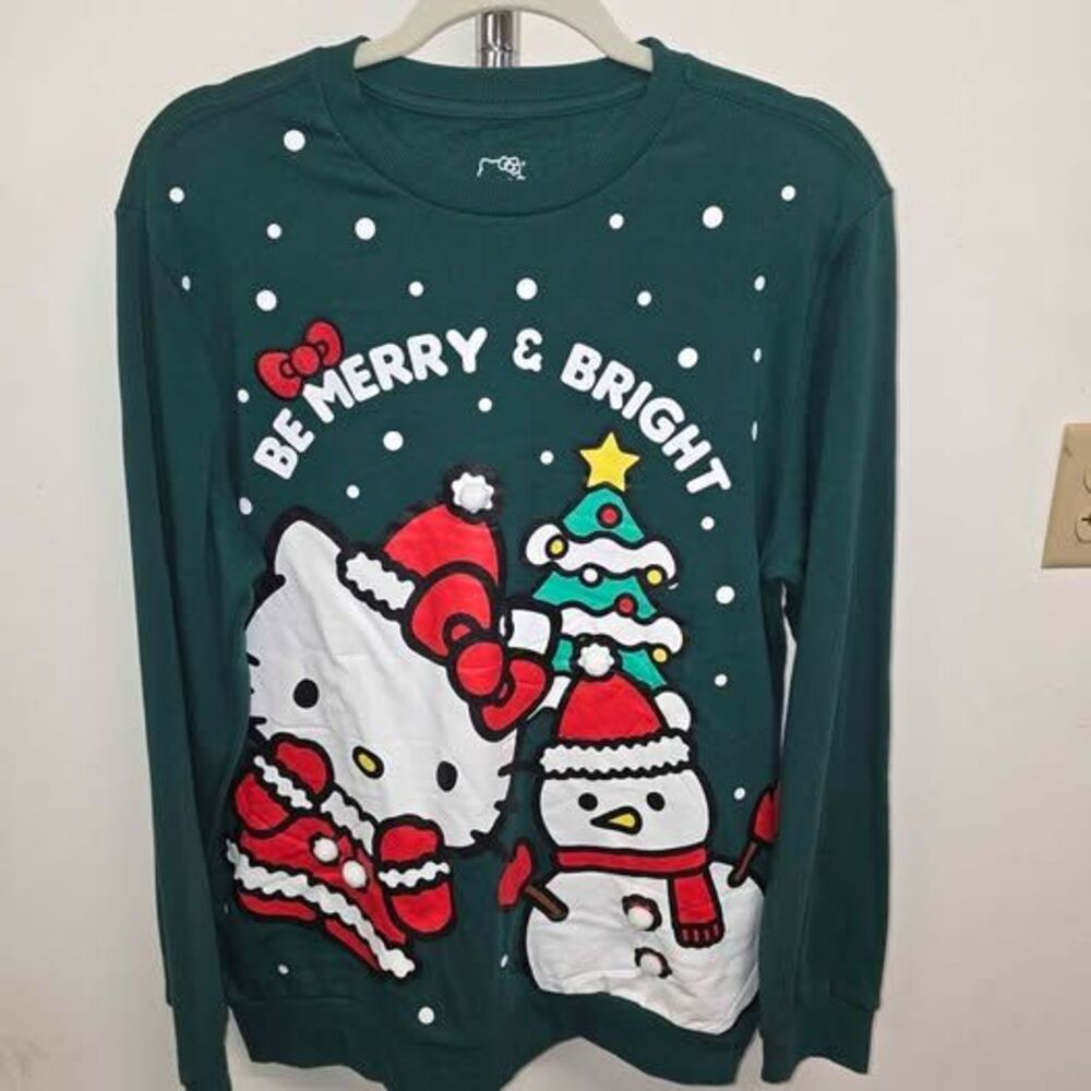 Hello Kitty 'Be Merry & Bright' Christmas Sweatshirt. GREEN, Adult Size M - NEW